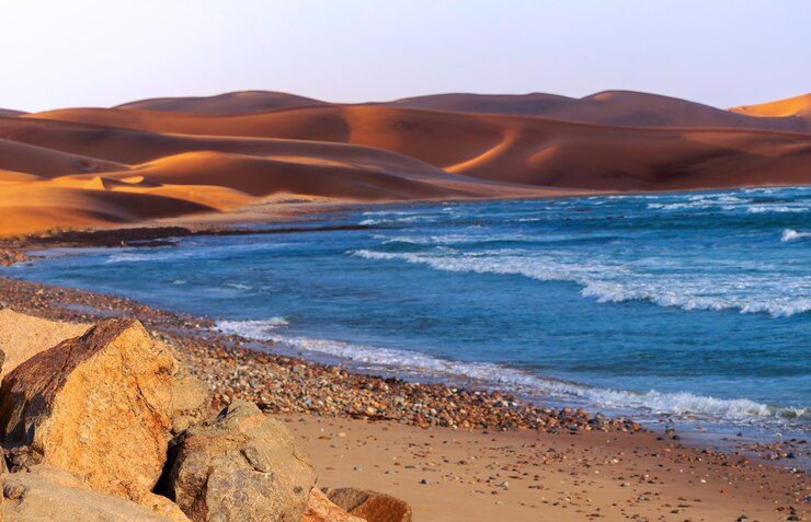 Красивые песчаные дюны ландшафт и голубой океан в пустыне намиб