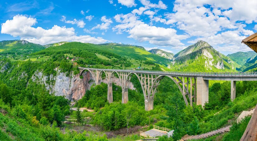 Мост джурджевича пересекает каньон реки тара на севере черногории.